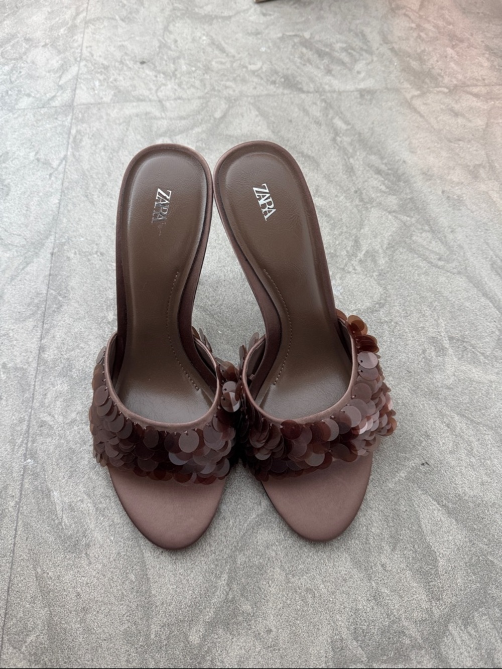 NWOT ZARA Brown Sequin Stiletto Slide Heels - Picture 2 of 5